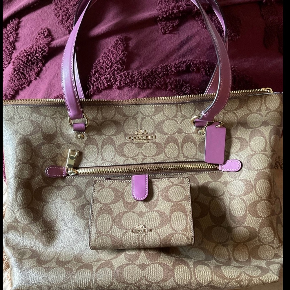 Coach Tan and Purple Signature Tote Bag and Wallet